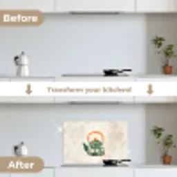 Theepot - Groen - Bloemen - Oranje keuken achterwand spatscherm klein -voor_na_EN