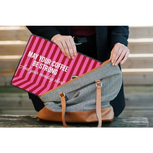 Roze - Strepen - Koffie - Maandag laptophoes neopreen klein -tas