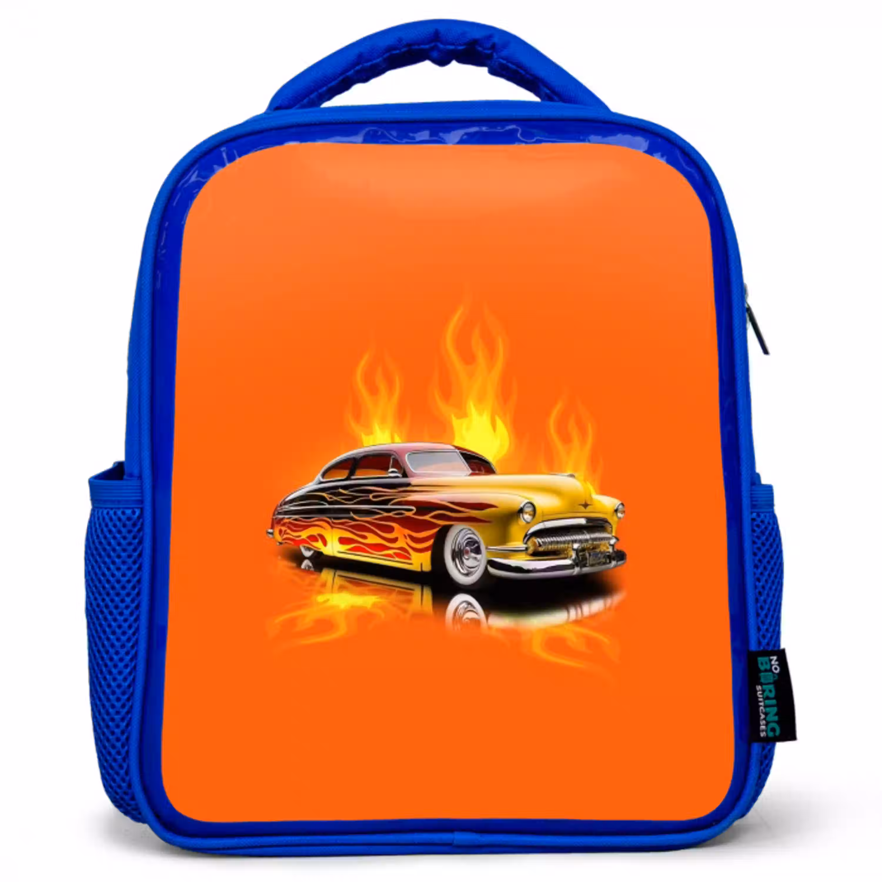 Gele auto met gele vlammen Kinderrugzak - Blauw middel -3d