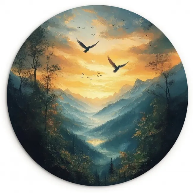 Vogels - Zon - Bomen - Groen Wandcirkel kunststof plaat 5mm dik klein -3d