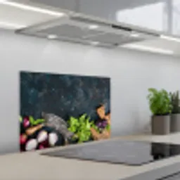 Groente - Kruiden - Wiegemes - Ui - Specerijen - Rustiek keuken achterwand spatscherm klein -3d_schuin