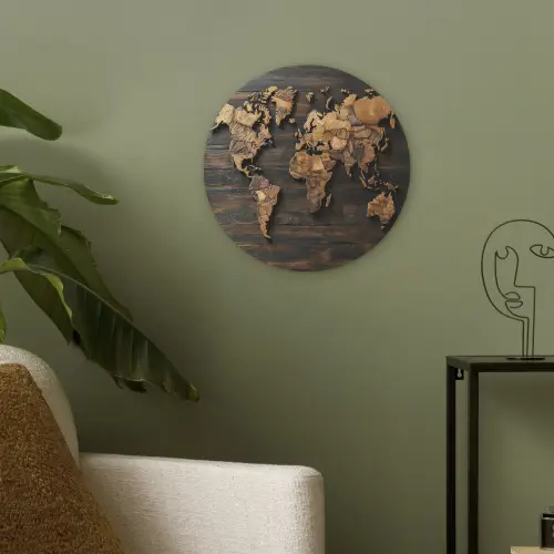 Wereldkaart -  Hout - Mozaïek Akoestische PET Vilt - Rond klein -sfeer2