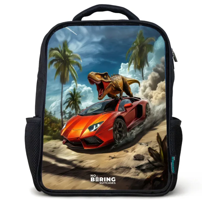 Kids' Backpacks Black -. Red sports car with dino races through tropical beach
