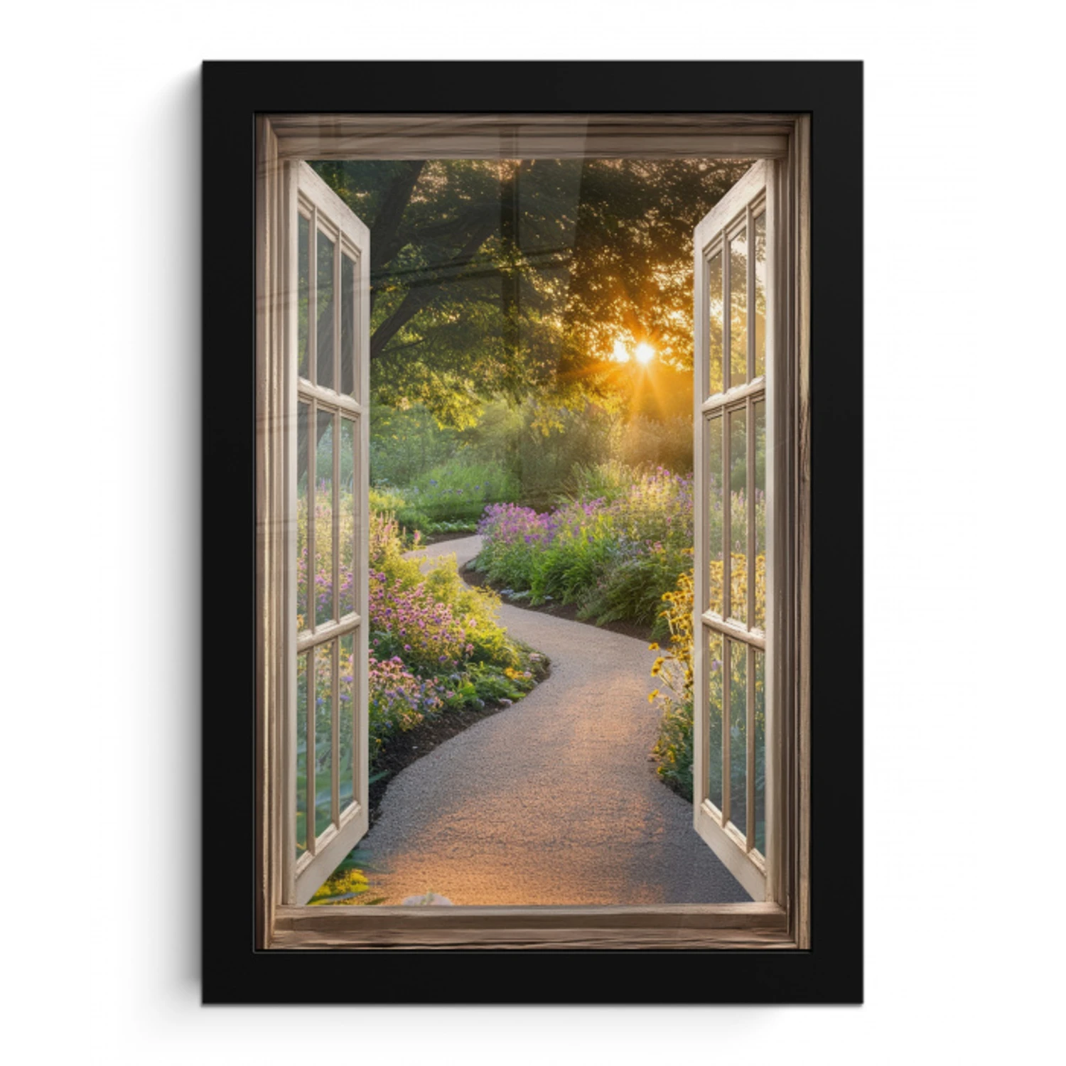 Doorkijk - Bloemen - Natuur - Zon - Pad fotolijst zwart zonder passe partout klein -3d