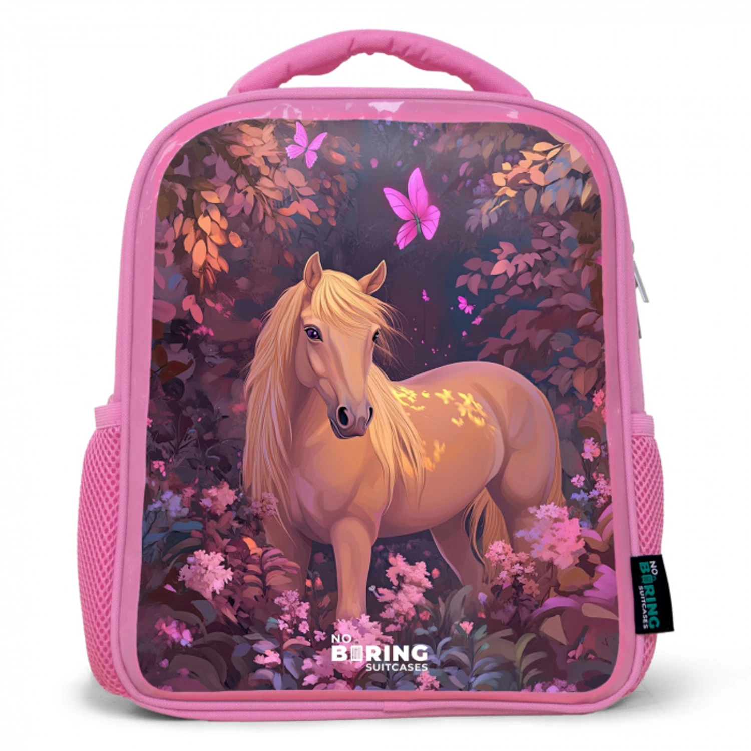 Paard - Bloemen - Paars - Vlinder Kinderrugzak - Roze middel -3d