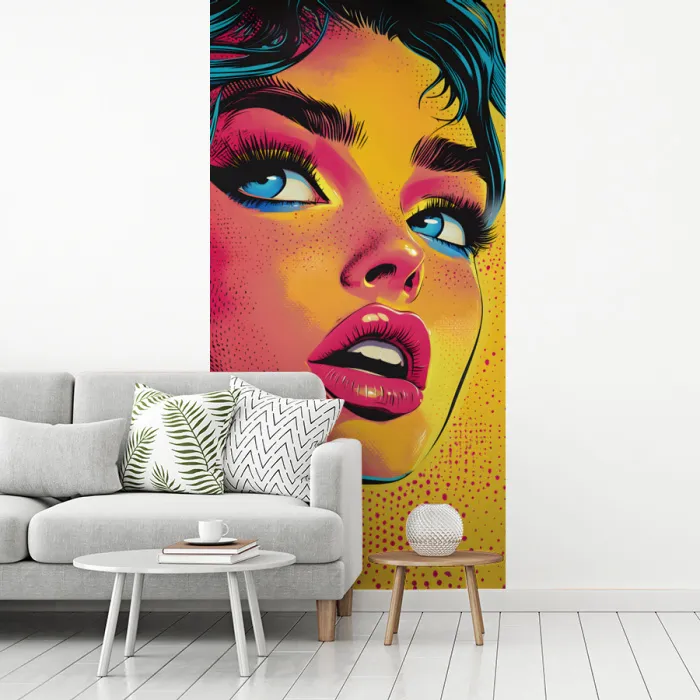 Close-up - Vrouwengezicht - Stippen - Geel fotobehang vinyl groot -woonkamer
