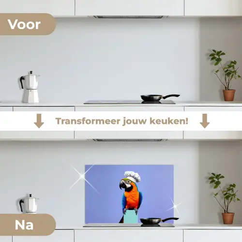 Papegaai - Koksmuts - Vogel - Leuk keuken achterwand spatscherm klein -voor_na_NL