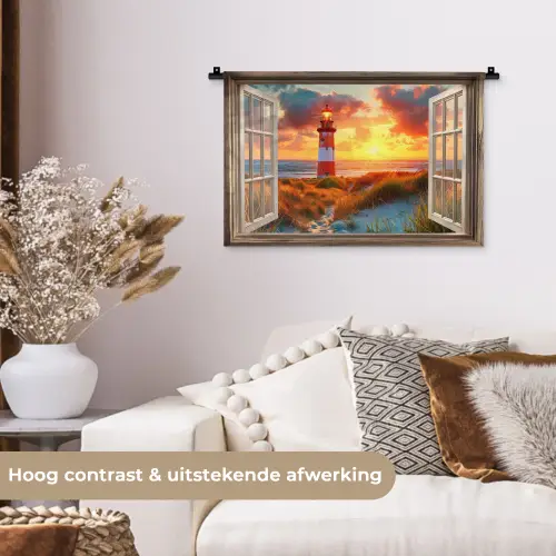 Doorkijk - Raam - Vuurtoren - Zonsondergang - Strand Wandkleed katoen klein -sfeer1