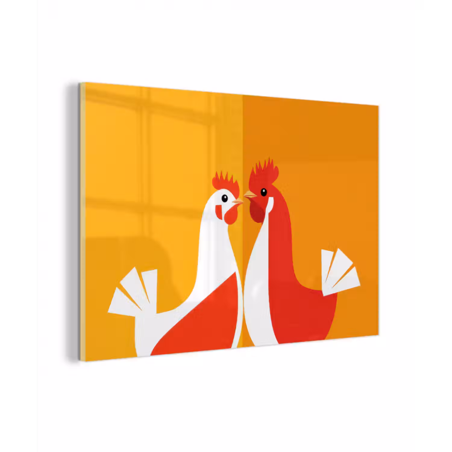 Glas schilderij - Kippen - Oranje - Vlakken