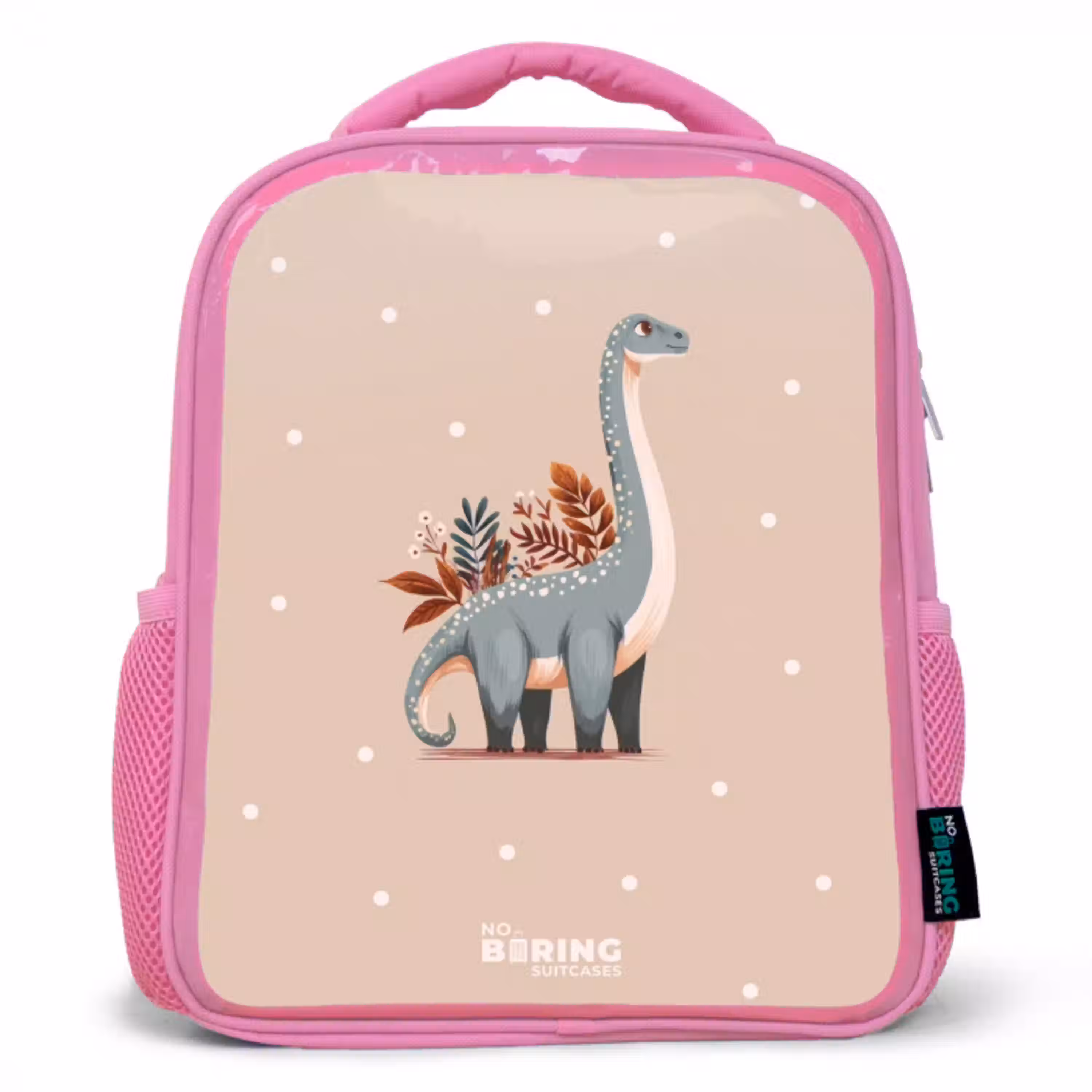 Blauwe dinosaurus op een beige stippenachtergrond Kinderrugzak - Roze middel -3d