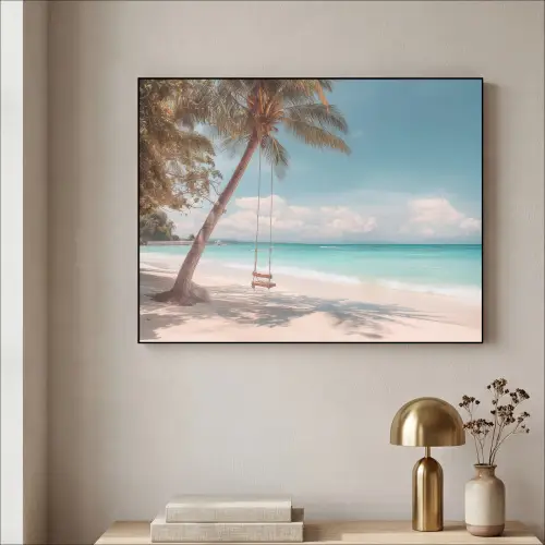 Palmboom - Schommel - Strand - Lucht Textielframe zwart klein -sfeer2