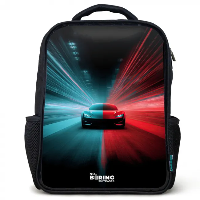 Sportwagen - Lichtstralen - Neon - Blauw Rugzak - Zwart middel -3d