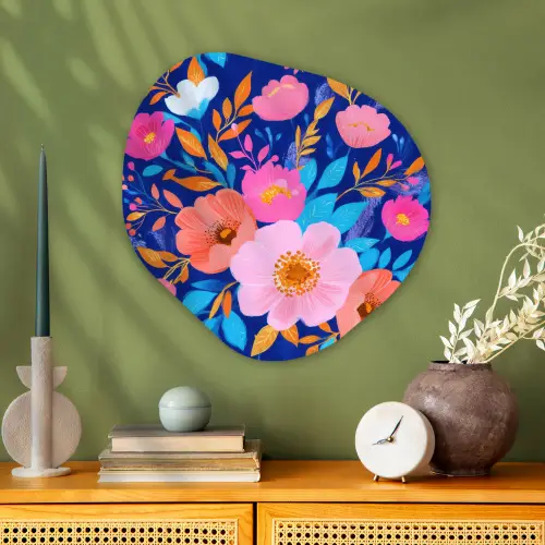 Bloemen - Blauw - Roze Wandcirkel Organisch Aluminium middel -sfeer2