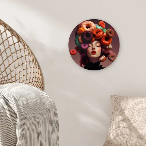 Vrouw - Donuts - Kleurrijk Wandcirkel kunststof plaat 5mm dik klein -sfeer5