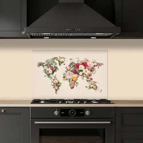 Wereldkaart - Bloemen - Roze keuken achterwand spatscherm klein -sfeer1