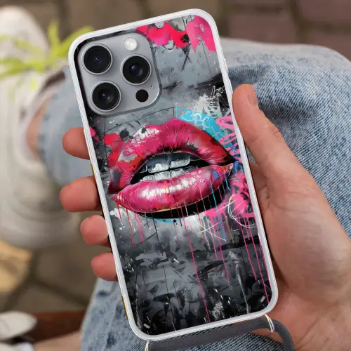 Lippen - Felroze - Graffiti - Verfstrepen Hoesje iPhone 16 Pro Max met koord klein -sfeer3