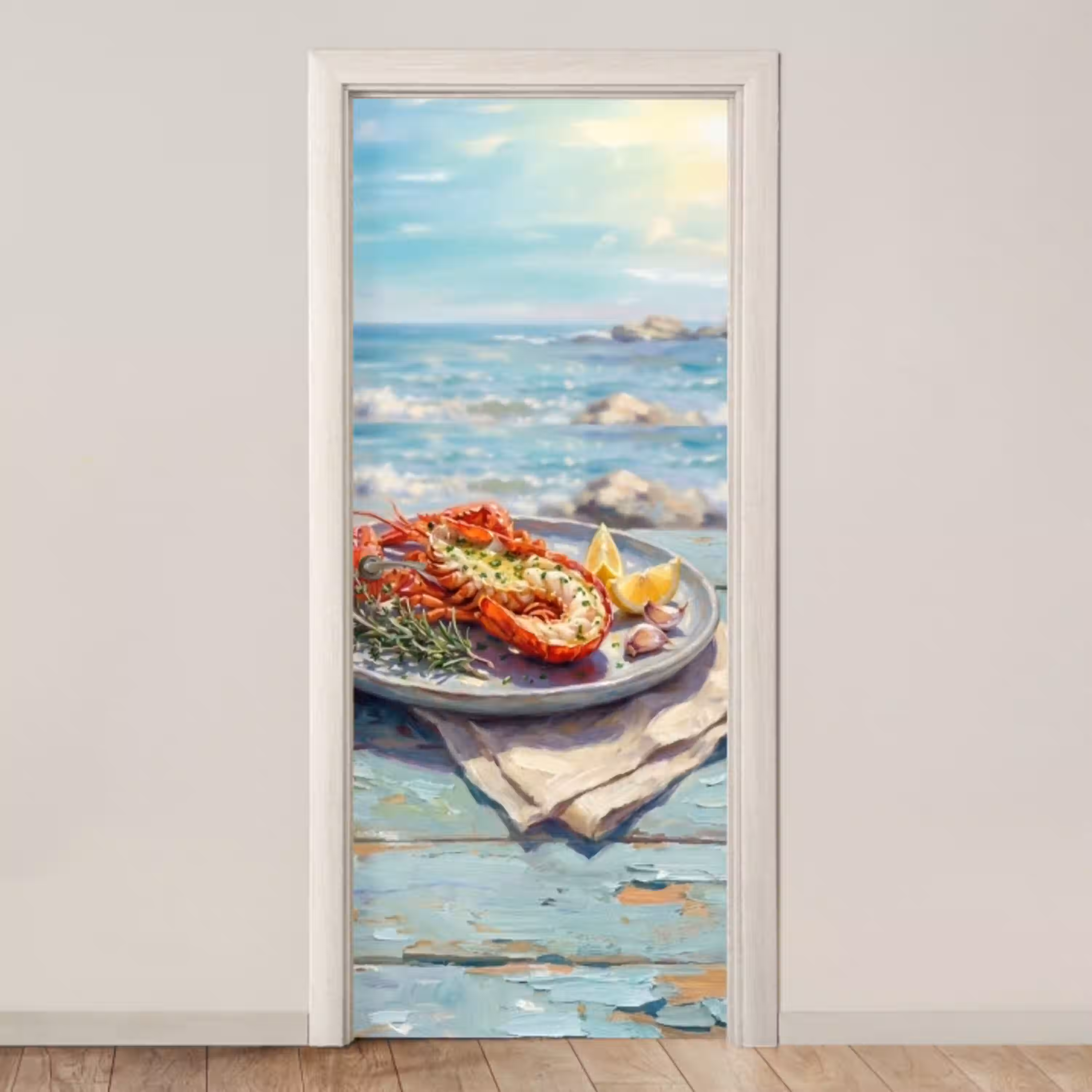 Eten - Zee - Kust - Modern - Blauw deurposter klein -3d_beige