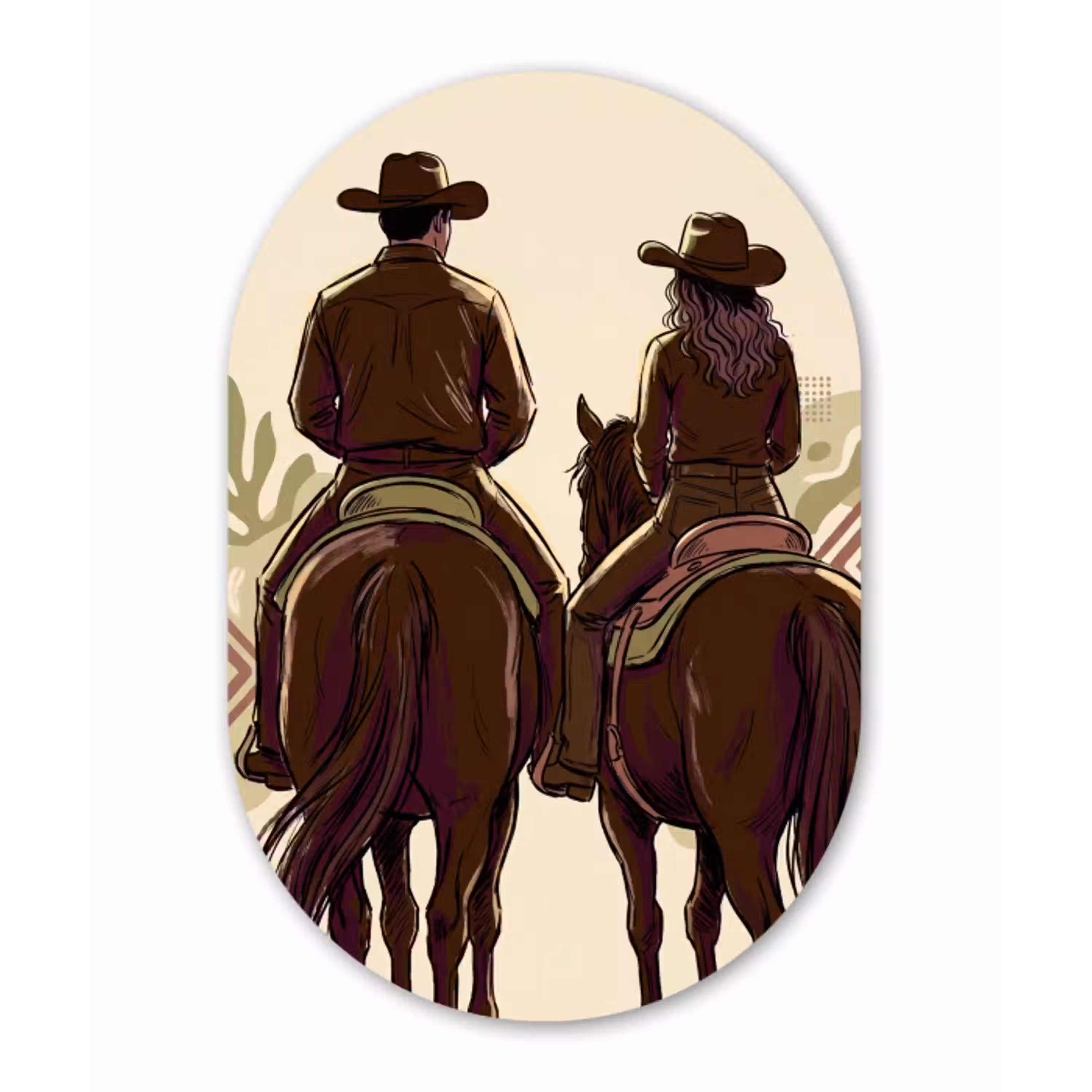 Mensen - Ruiters - Western - Illustratie - Bruin Wandcirkel Ovaal Aluminium middel -3d