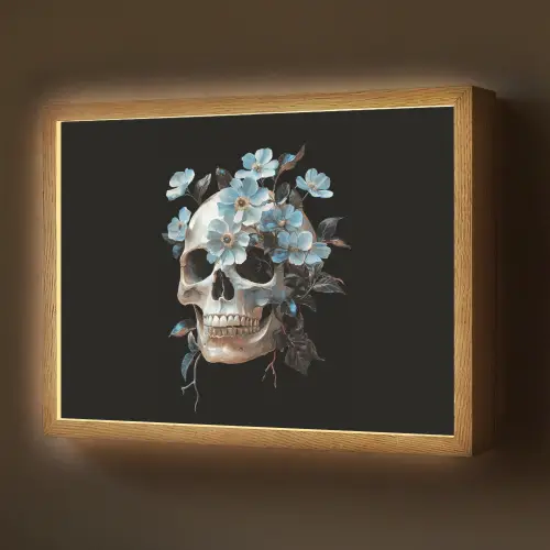 Schedel - Blauw - Bloemen - Bladeren Light Box met batterij (Wandlamp) middel -z3d_website