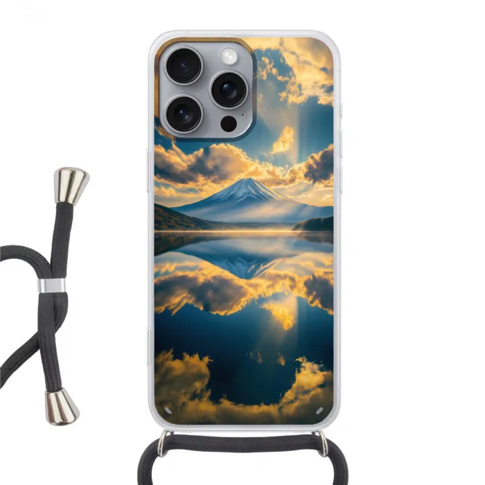 Berg - Rivier - Zonsondergang Hoesje iPhone 16 Pro Max met koord klein -3d