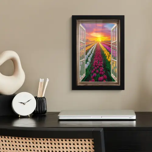 Doorkijk - Bloemen - Tulpen - Kleurrijk - Zonsondergang fotolijst zwart zonder passe partout klein -sfeer1