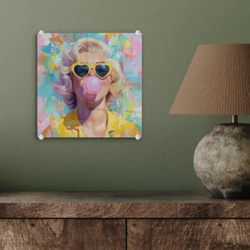 Vrouw - Blond - Roze kauwgom - Kleurrijk - Pastel plexiglas 5mm klein -sfeer3