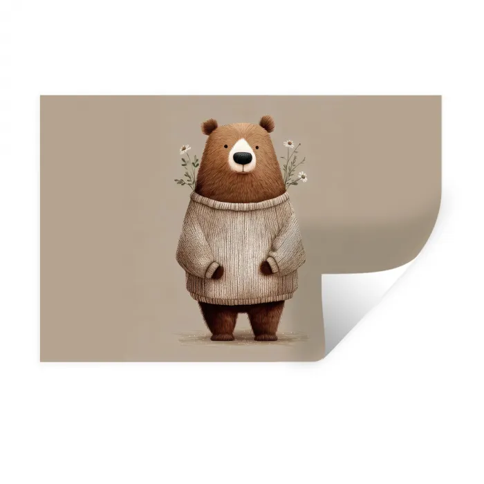 Beer - Witte bloemen - Knus Muursticker klein -3d