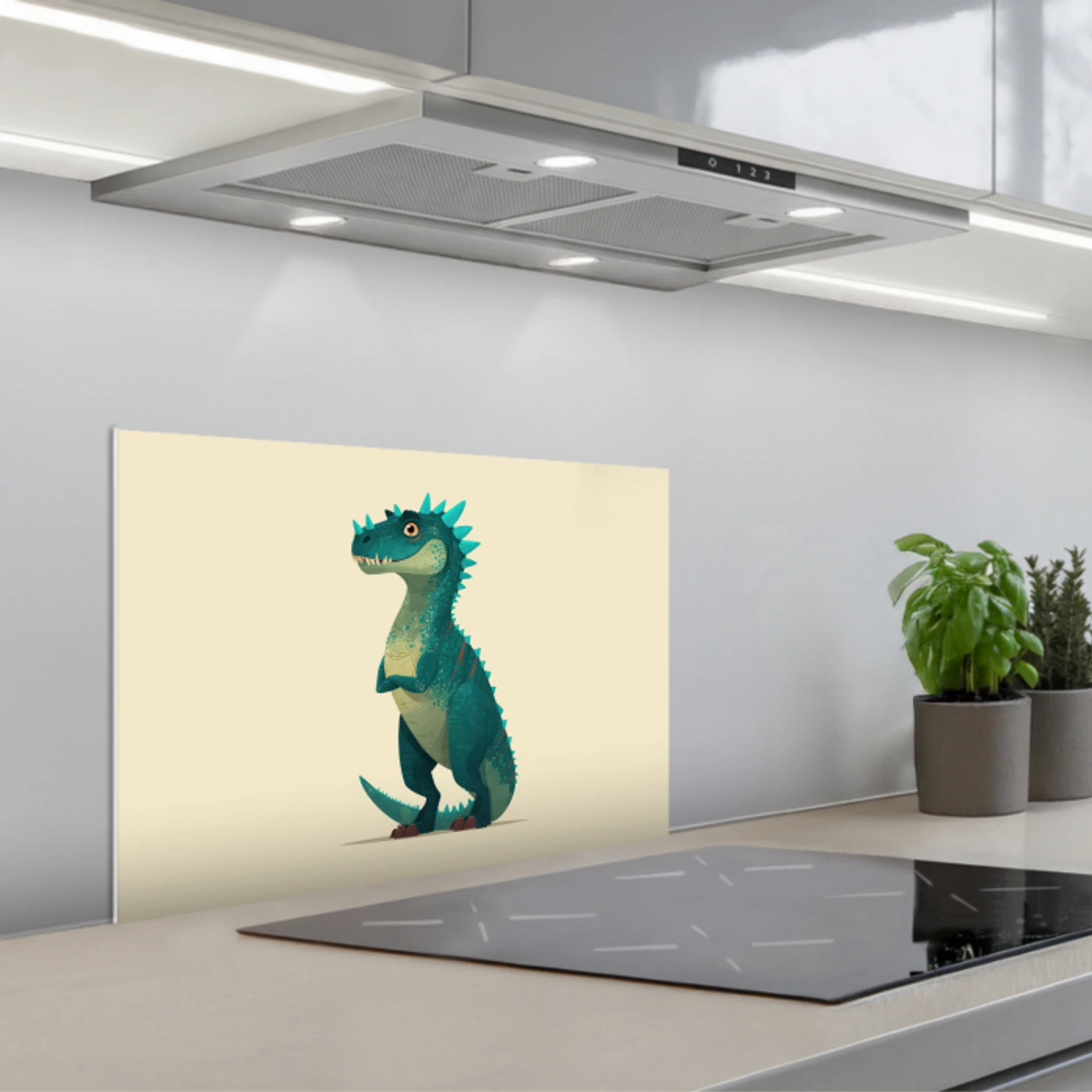 Dinosaurus - Turquoise - Stekels keuken achterwand spatscherm klein -3d_schuin
