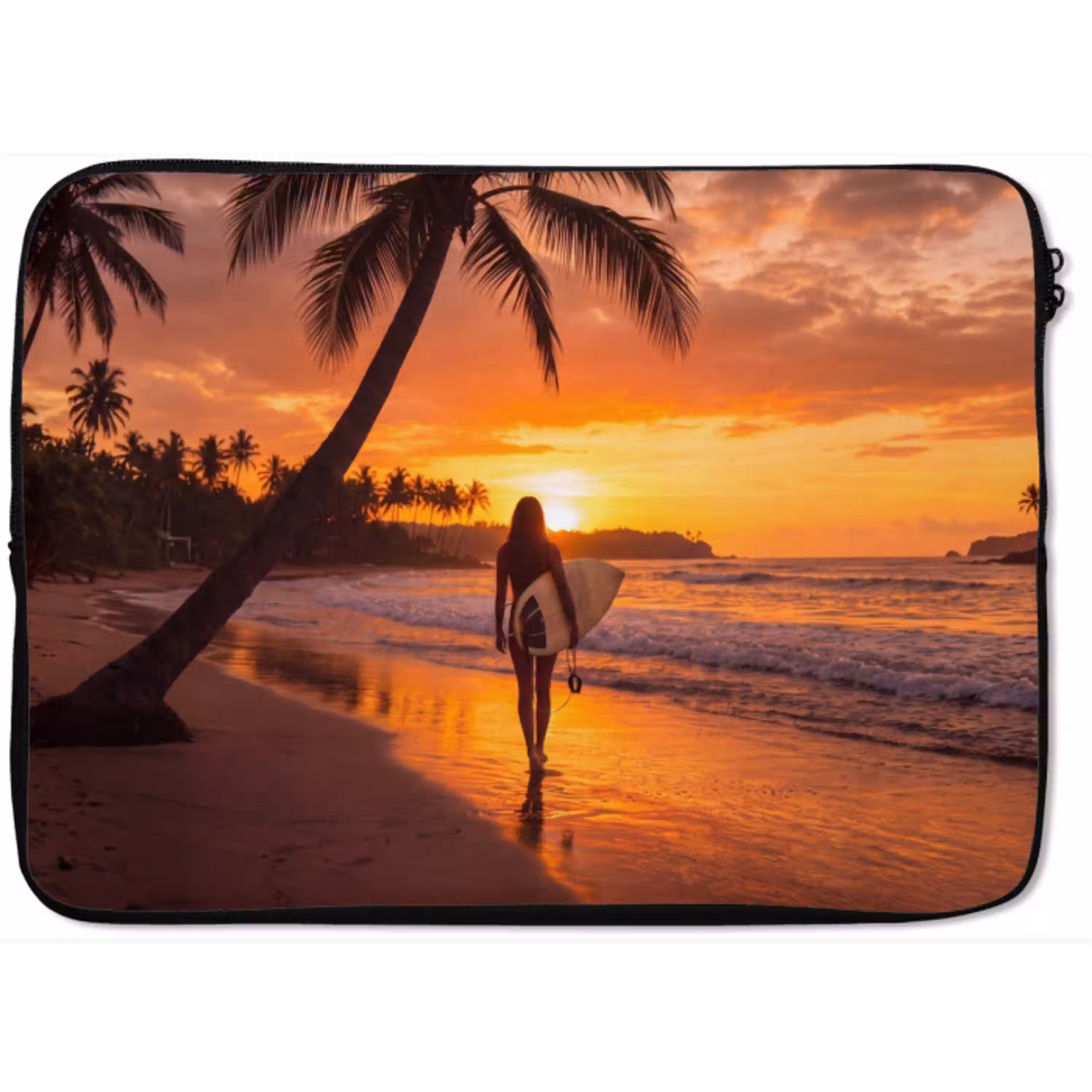 Vrouw - Surfplank - Strand - Zonsondergang - Oranje laptophoes neopreen klein -zkaufland3dotto