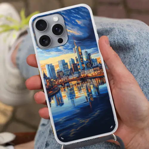 Zonsondergang Frankfurt - Stad - Skyline - Water Hoesje iPhone 16 Pro Max met koord klein -sfeer3