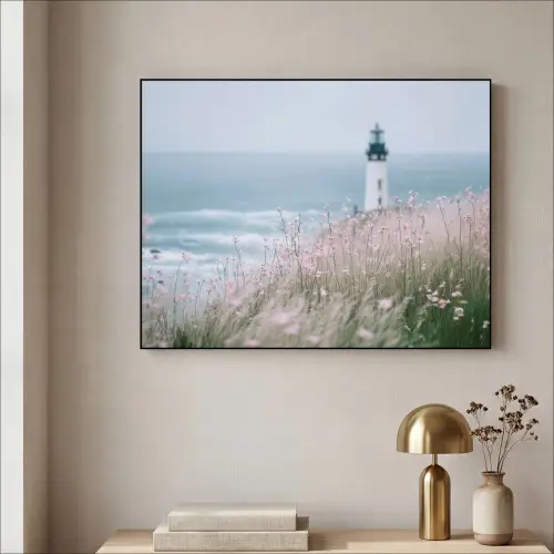 Vuurtoren - Klif - Zee - Bloemen Textielframe zwart klein -sfeer2