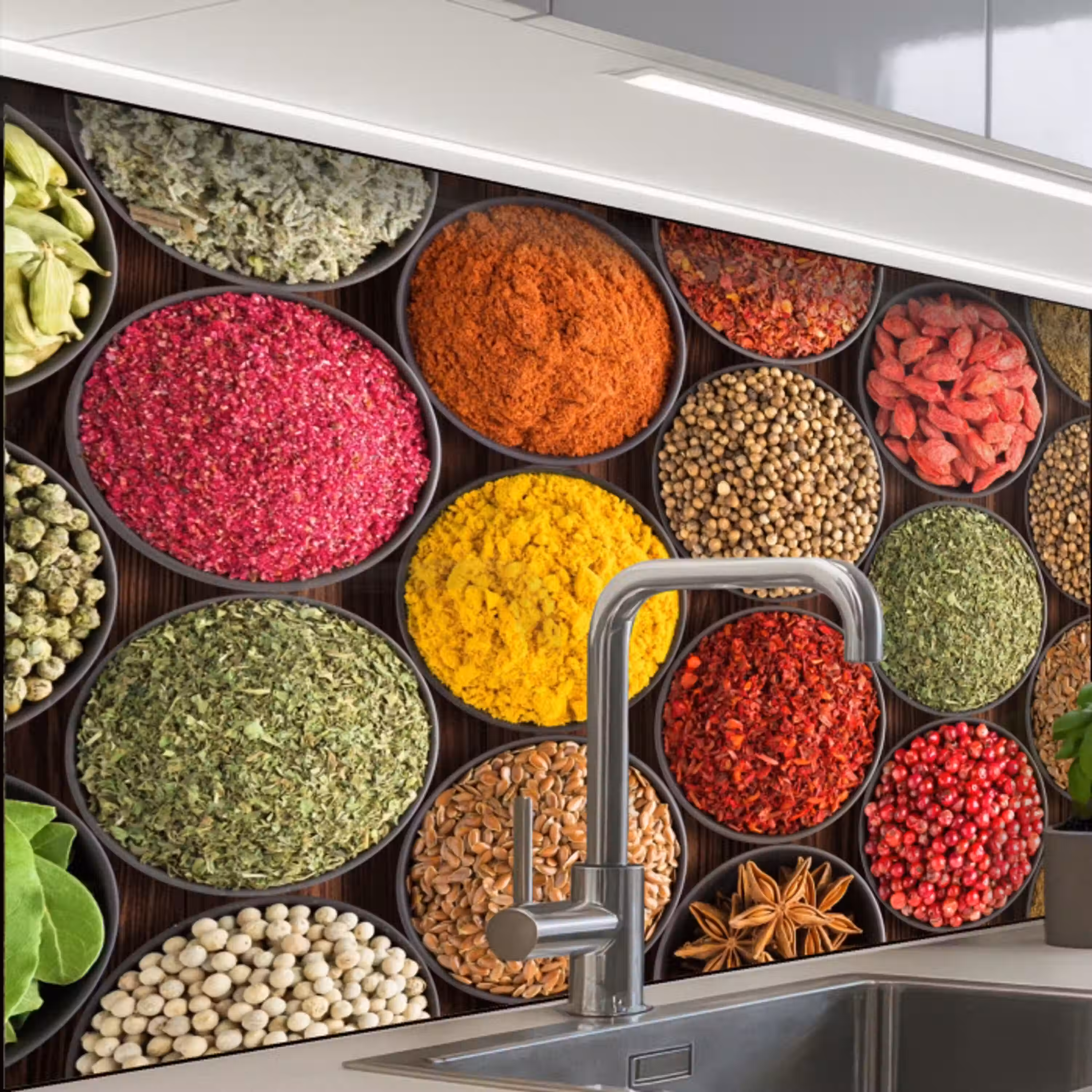 Kruiden - Schaaltjes - Kleurrijk - Textuur keuken achterwand 2 middel -zzzz3d_schuin