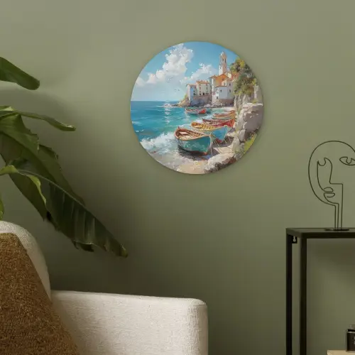 Boten - Rotsen - Zee - Zon Akoestische PET Vilt - Rond klein -sfeer2
