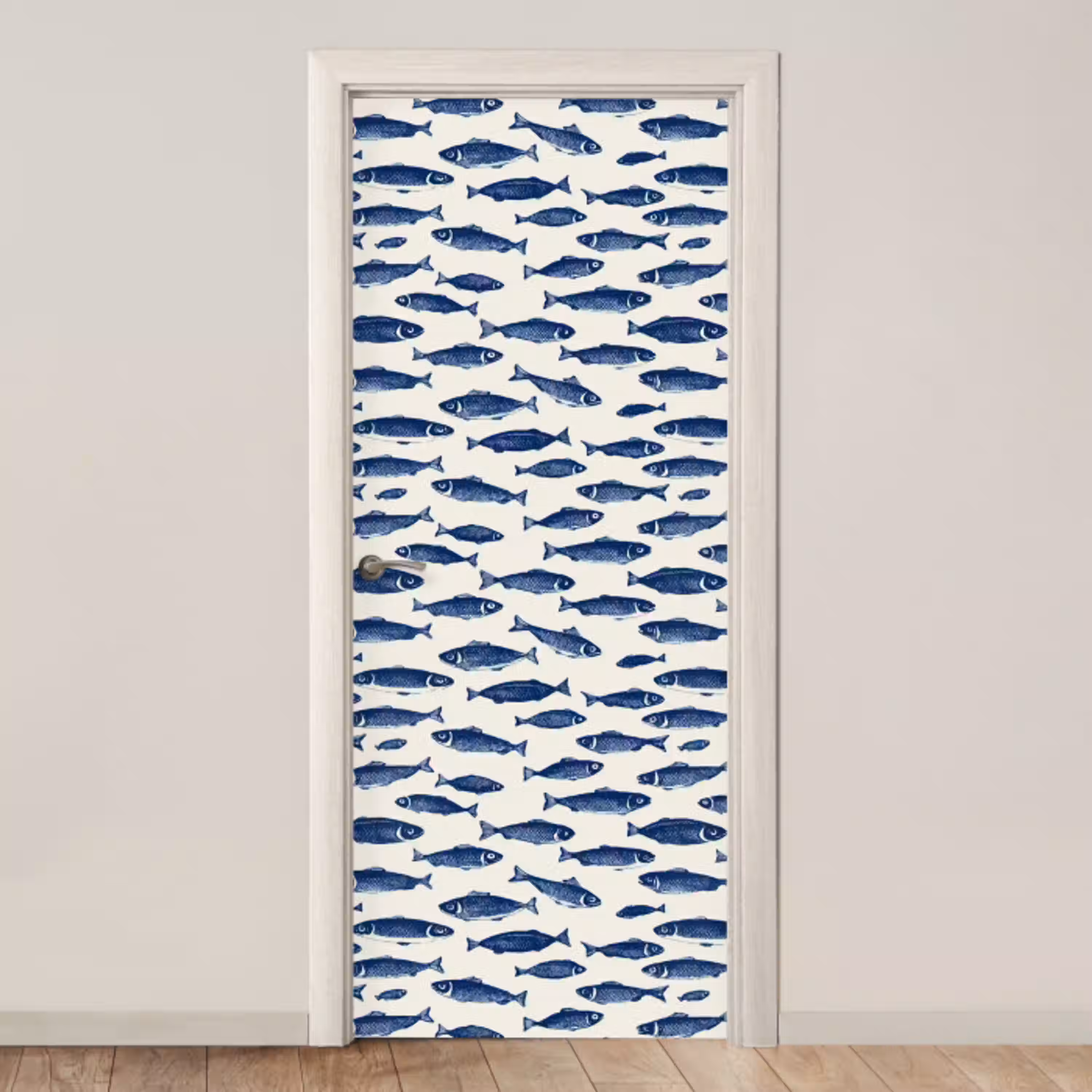 Vissen - Patroon - Blauw - Wit deurposter klein 289 -3d_beige