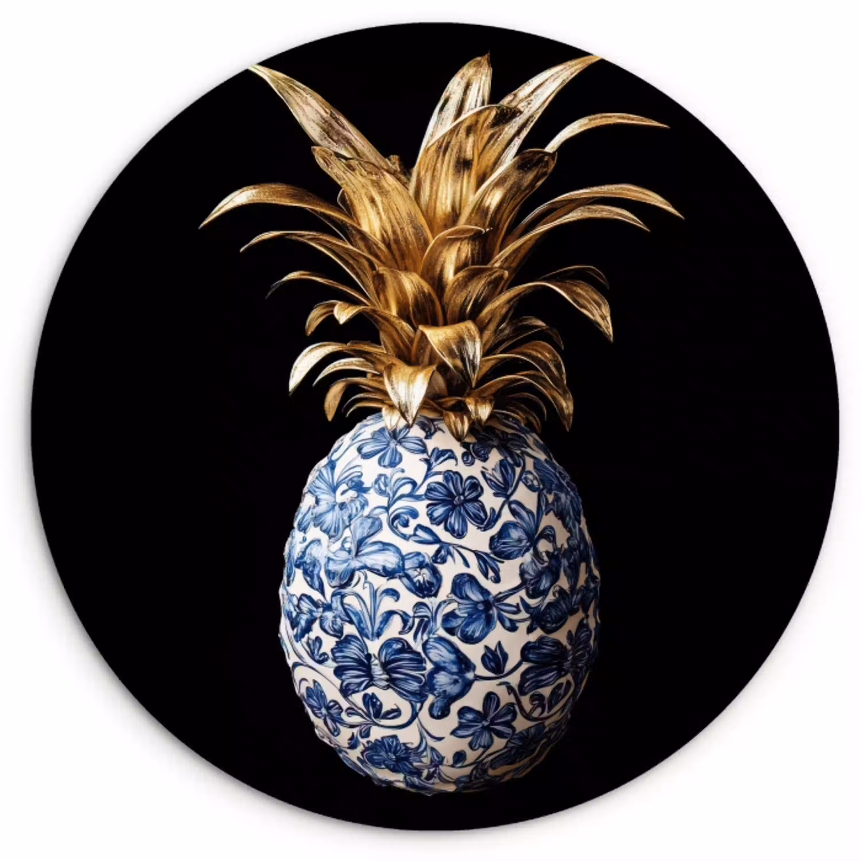 Ananas - Bloemen patroon - Goud - Delftsblauw KitchenYeah - Keuken - Wandcirkel Forex klein -3d