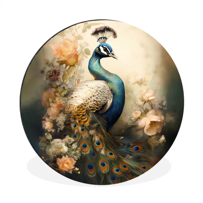 Pauw - Pauwenveren - Bloemen - Vogels - Botanisch Wandcirkel aluminium klein -3d