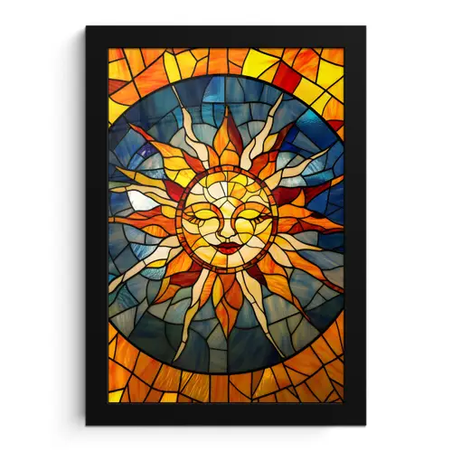 Mozaïek - Zon - Geel - Cirkel fotolijst zwart zonder passe partout klein -3d