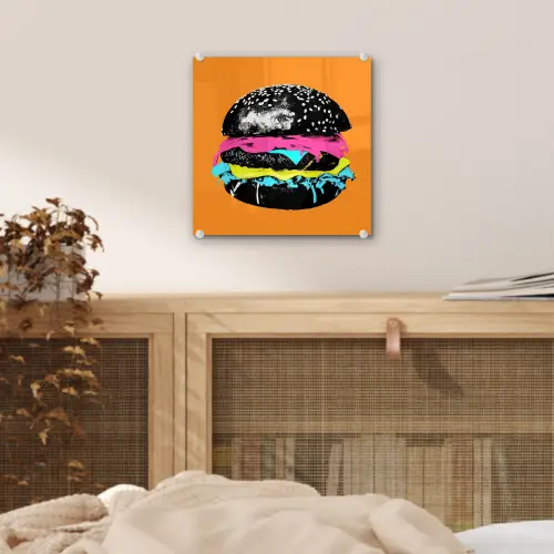 Hamburger - Oranje - Neon - popart plexiglas 5mm klein -sfeer4