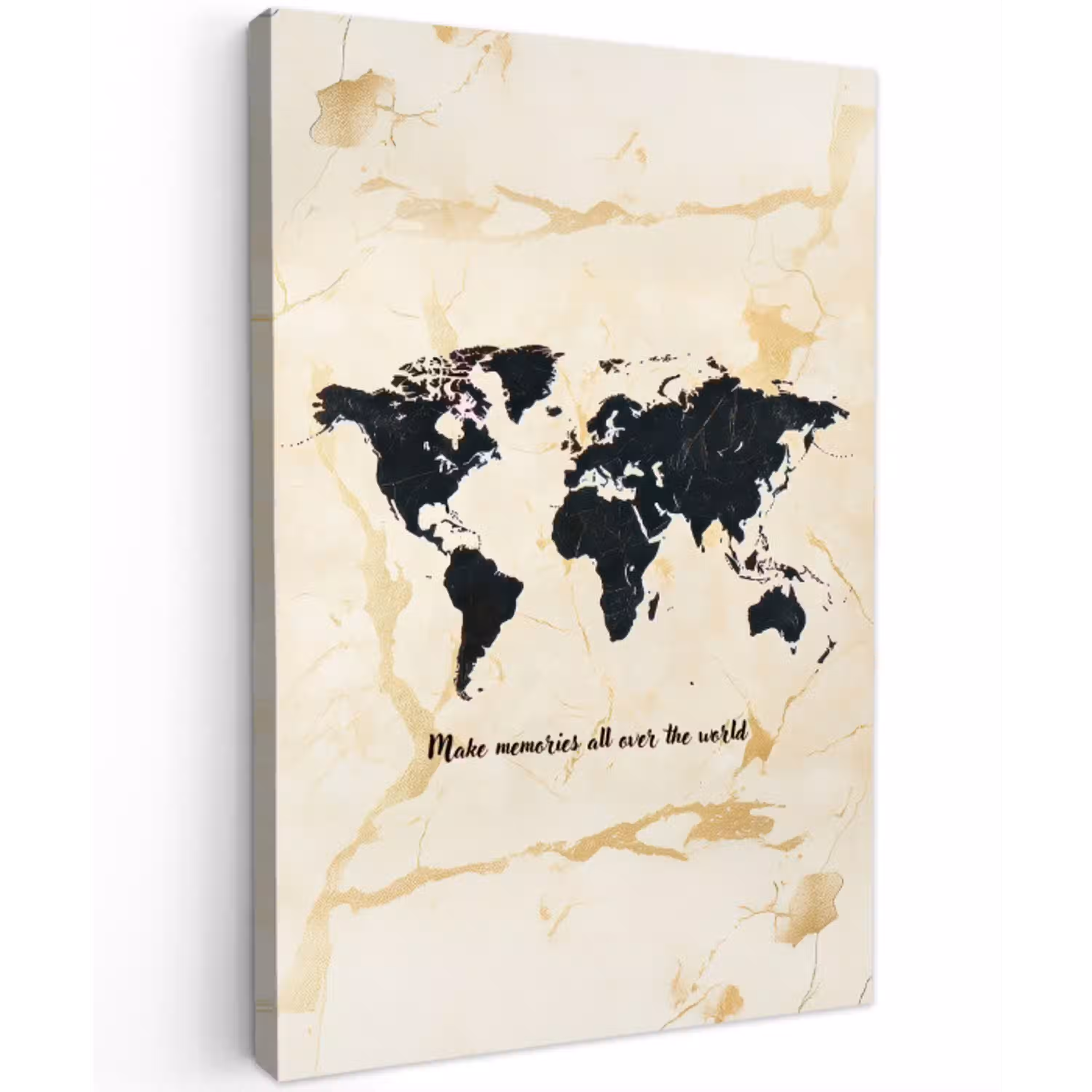 Marmer - Wereldkaart - Goud - Zwart Tuinposter op houten frame 2 cm dik middel -3d