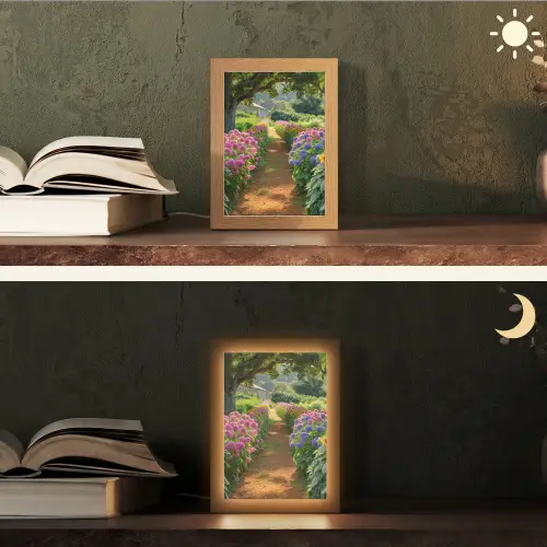 Bloemen - Pad - Zonnebloemen - Tuin - Hortensia Light Box met kabel (Tafellamp) klein -sfeer3