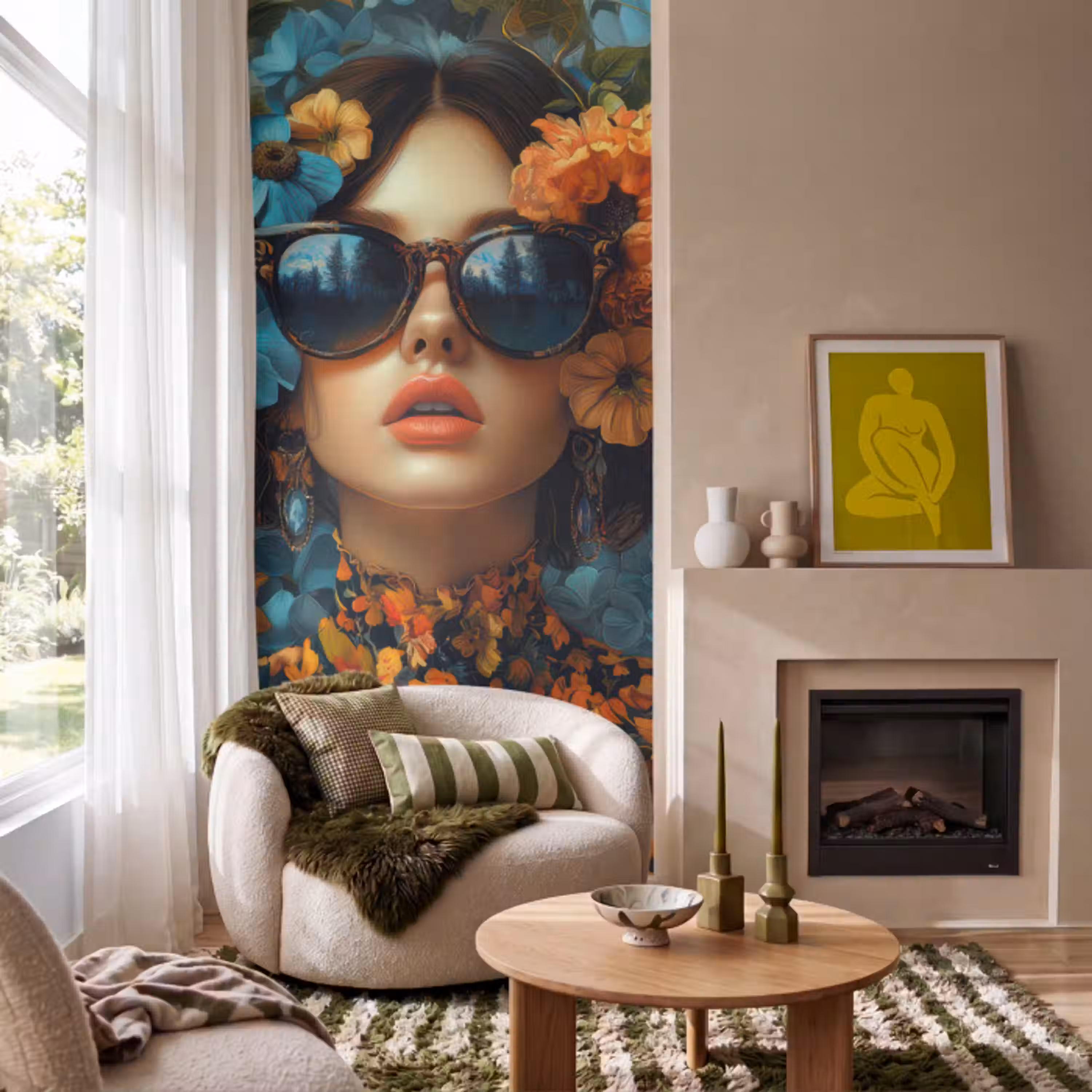 Vrouw - Bloemen - Oranje - Blauw - Modern Behang Vlies klein -sfeer2