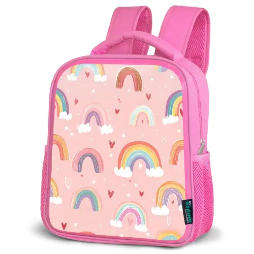 Regenboog - Patroon - Pastel - Handgetekend Kinderrugzak - Roze middel -schuin