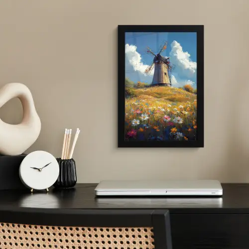 Windmolen - Heuvel - Bloemen - Kleurrijk fotolijst zwart zonder passe partout klein -sfeer1