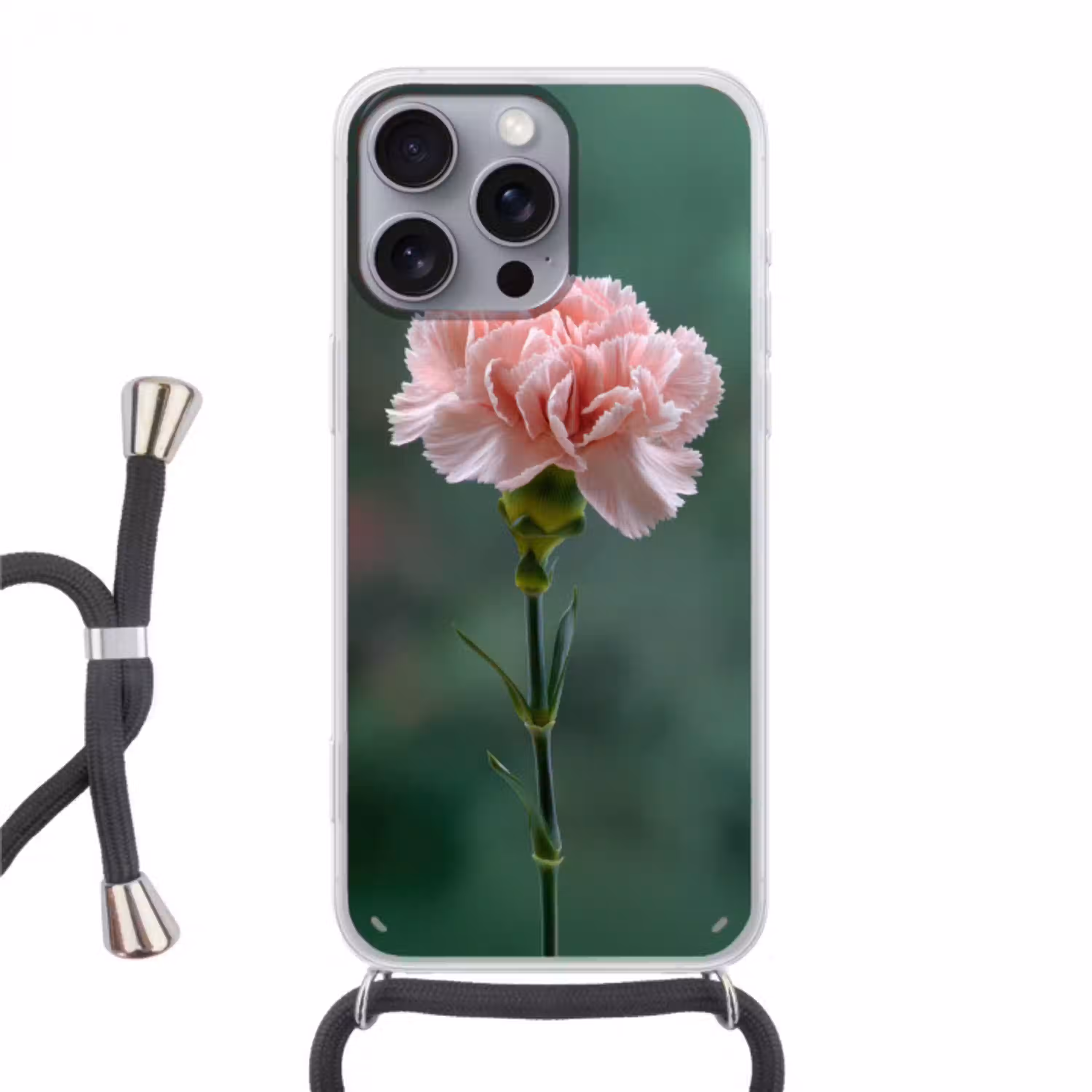 Anjer - Roze - Bloemblaadjes Hoesje iPhone 16 Pro Max met koord klein -3d