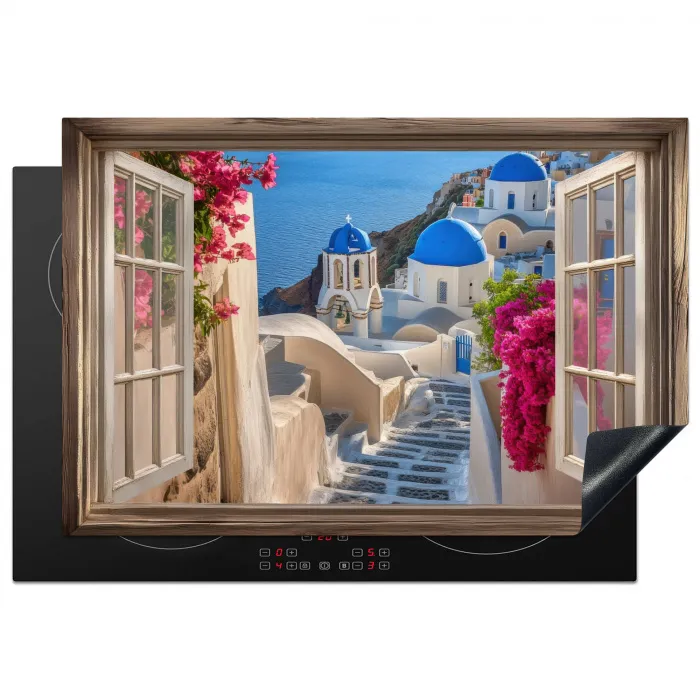 Doorkijk - Santorini - Landschap - Blauw - Grieks Inductie beschermer vinyl 3mm klein -3d