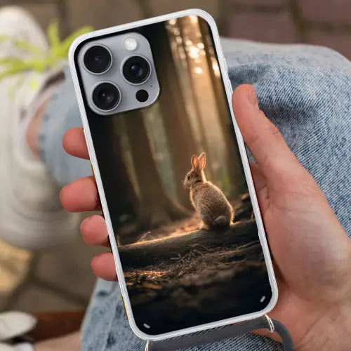 Konijn - Bos - Zonnestralen Hoesje iPhone 16 Pro Max met koord klein -sfeer3