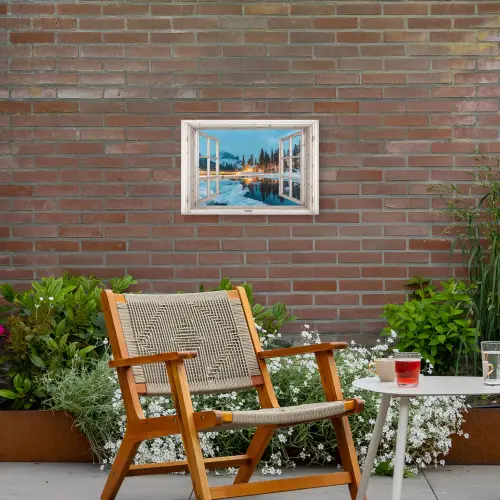 Doorkijk - Winterlandschap - Natuur - Huis - Bergen Tuinposter op houten frame 2 cm dik klein -sfeer3