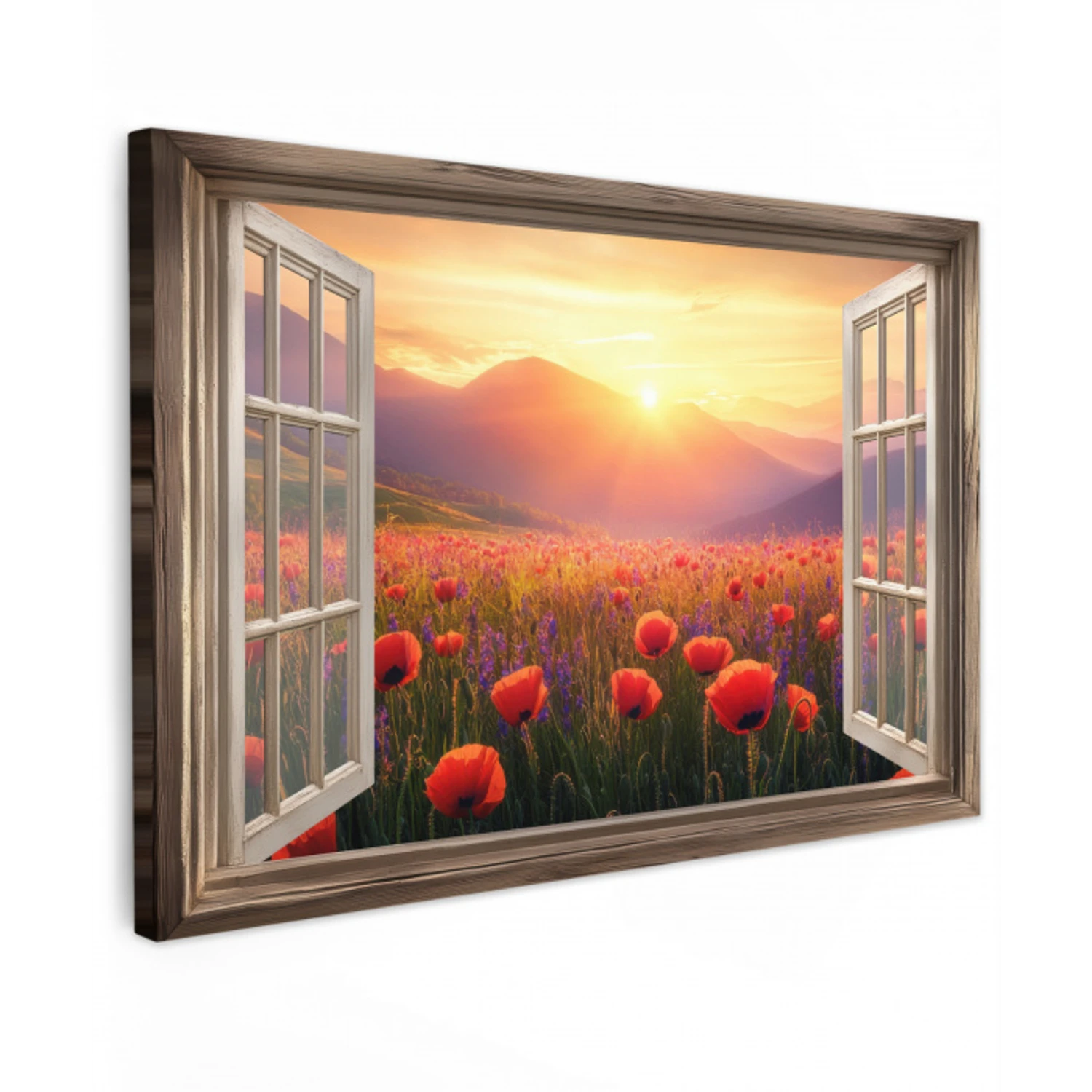 Doorkijk - Klaprozen - Bloemen - Rood - Open raam Tuinposter op houten frame 2 cm dik klein -3d