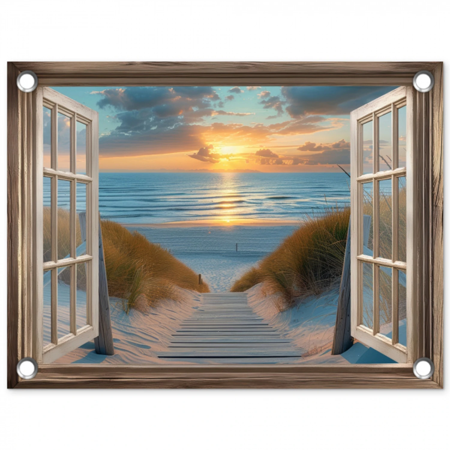 Doorkijk - Strand - Pad - Zonsondergang tuinposter los doek klein -3d