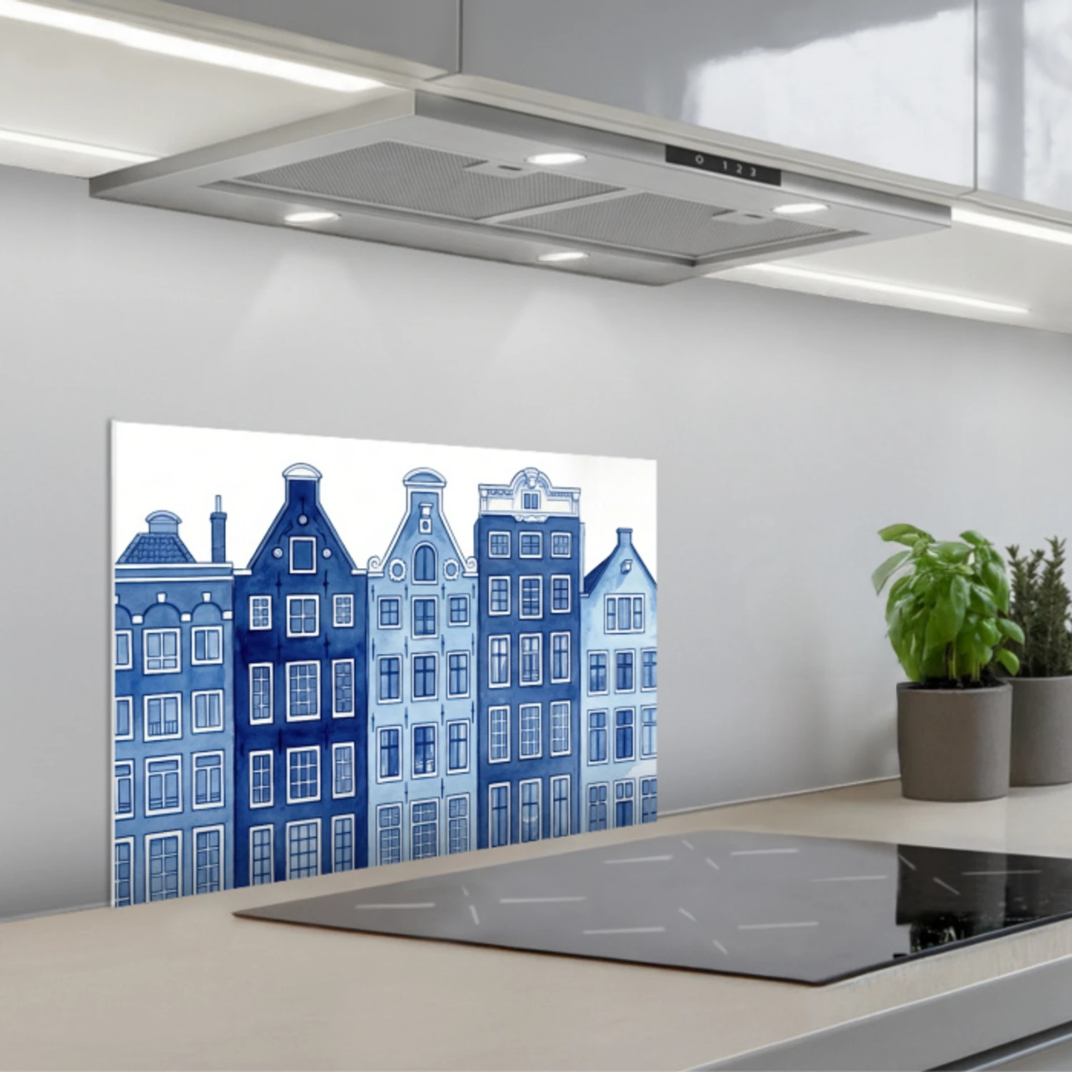 Aquarel - Grachtenpanden - Delfts - Blauw keuken achterwand spatscherm klein -3d_schuin
